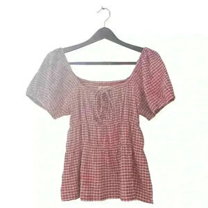 Madewell Omaha Orange White Peplum Gingham Check Blouse Short Sleeves X-Large